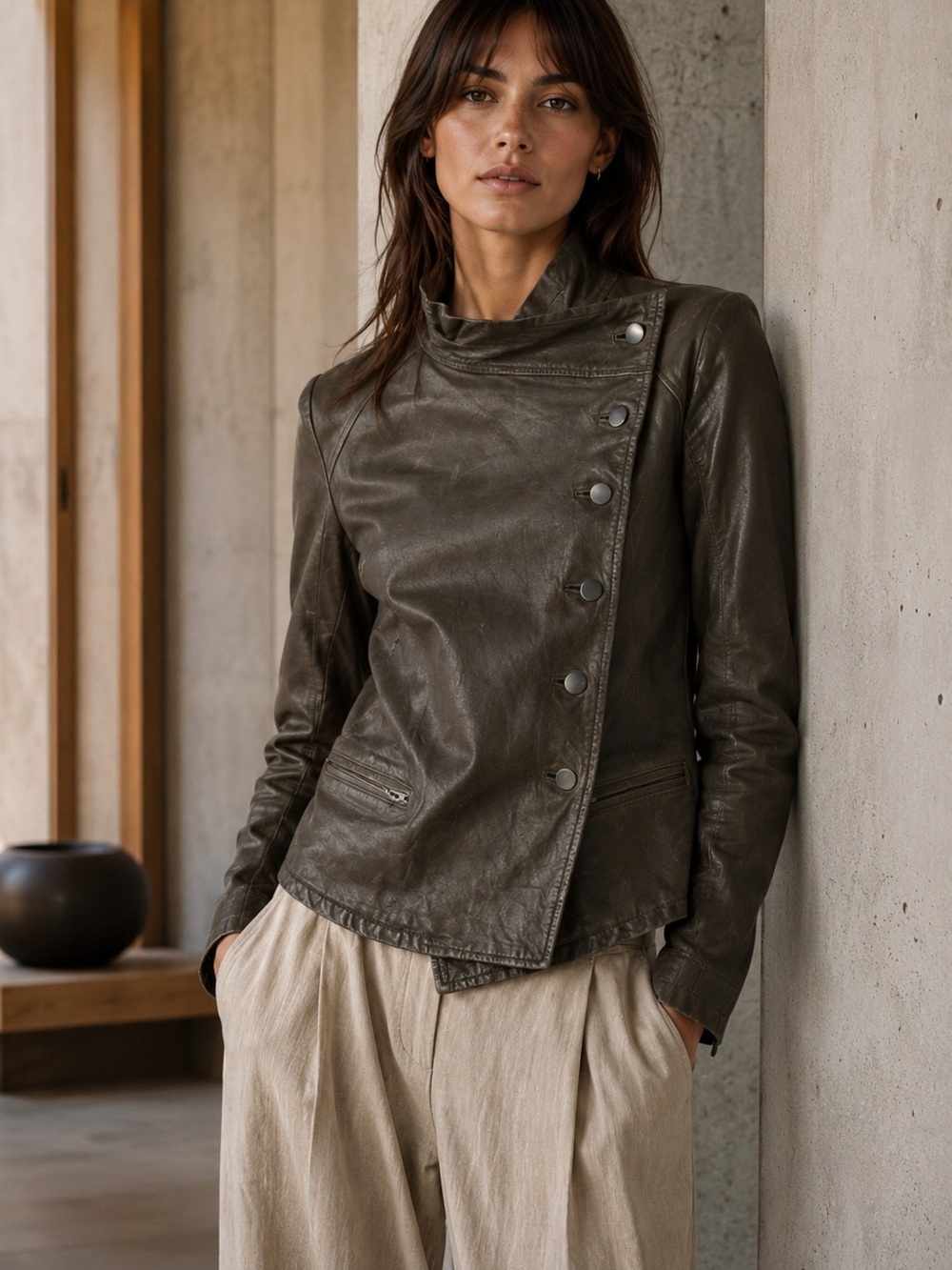 Brochu Walker Leather Moto Jacket Petite Taupe‎ Draped Asymmetrical Quiet Luxury